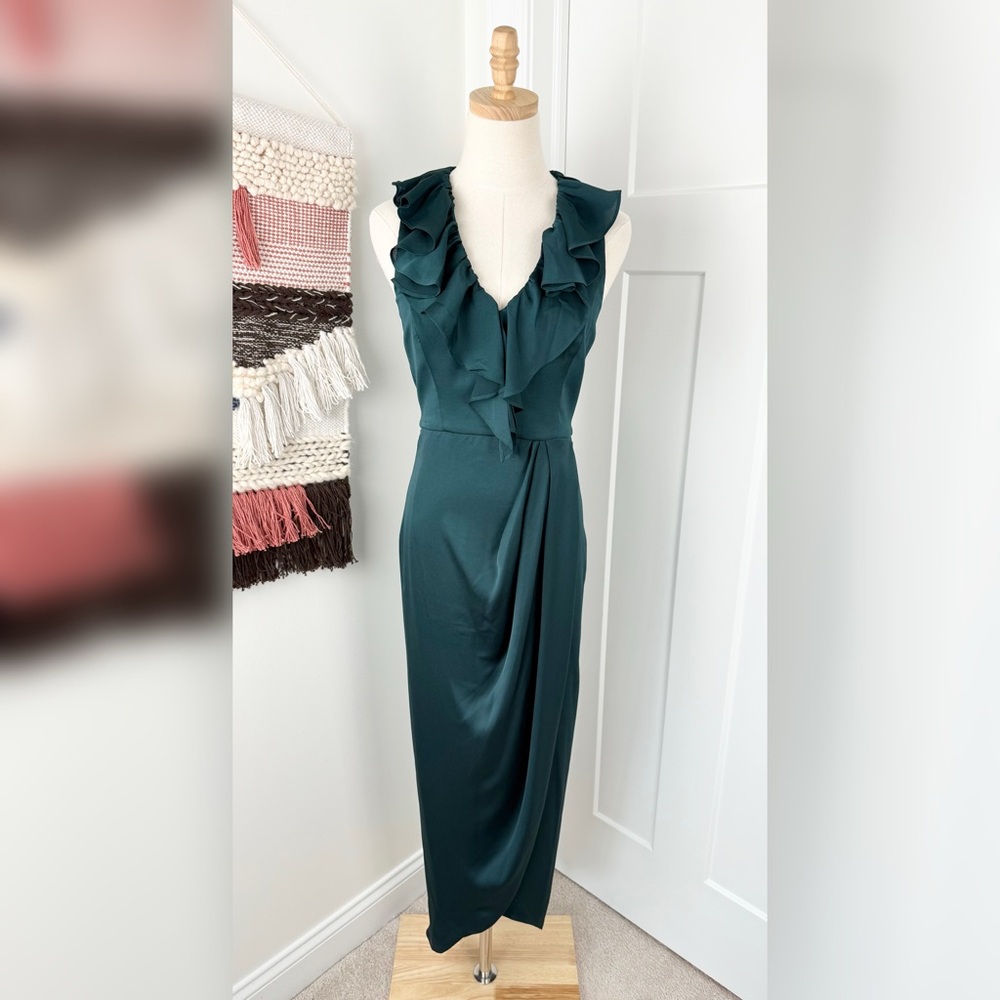 Shona Joy Luxe Plunge Frill Dress Emerald Green Sz 4 - Picture 2 of 10